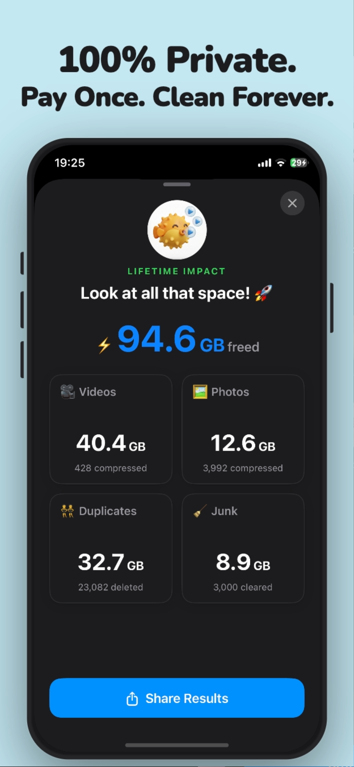 Aglio screenshot showing private on-device storage savings